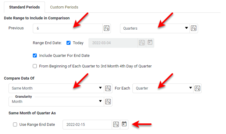 configure second month of each quarter comparison options