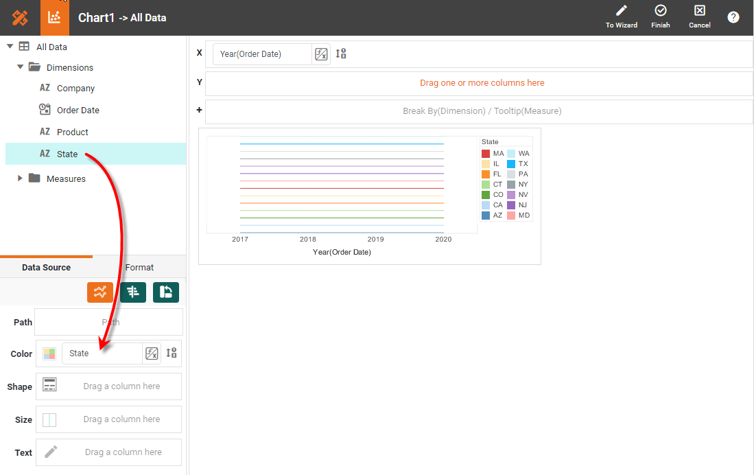drag dimension to Color region