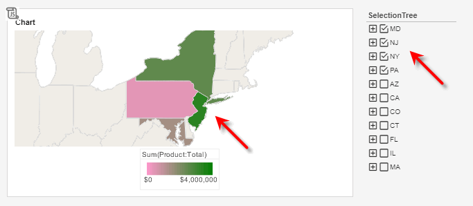 map chart zoomed to display only selected regions