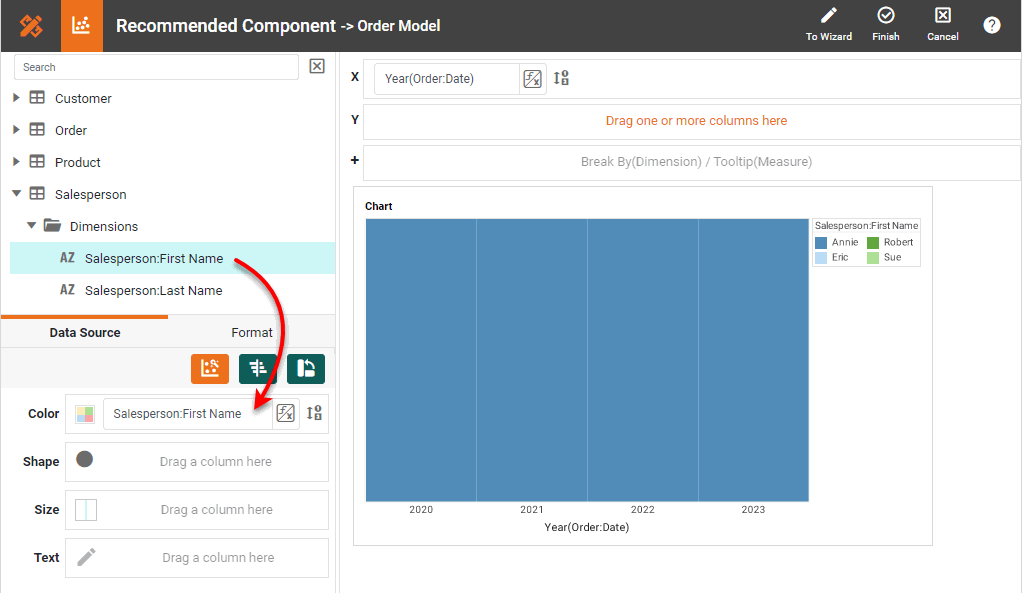 drag dimension to color or shape region