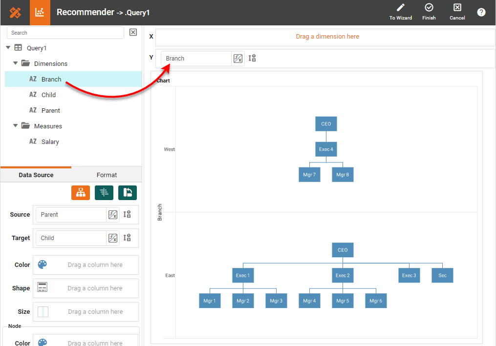 drag dimension to X or Y to break out diagram