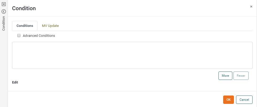 Condition panel showing filter options for the selected data block