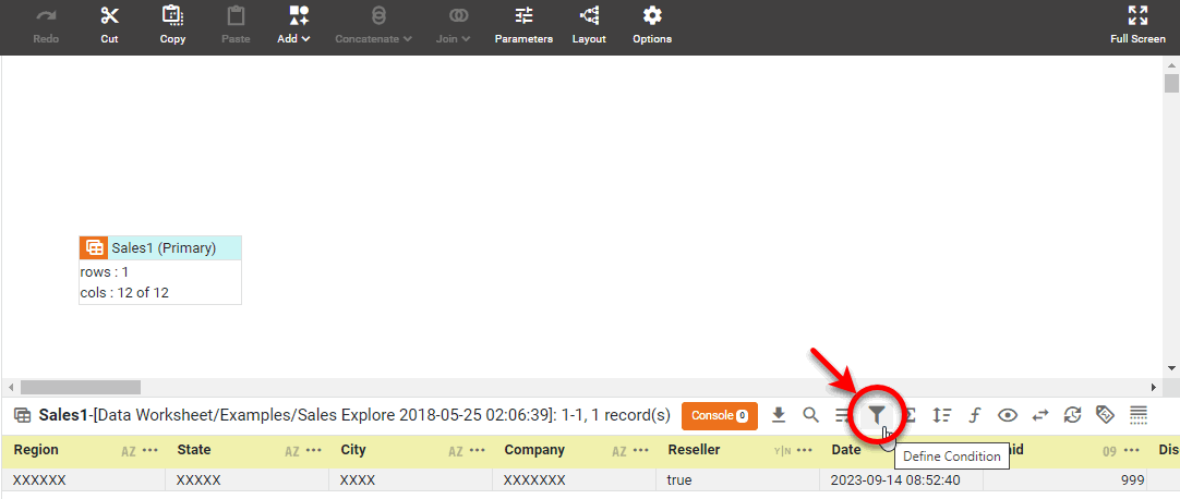 Condition panel opened in the bottom panel for the selected data block