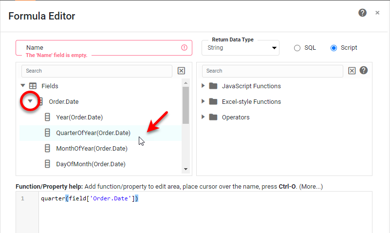 date type fields showing available date parts in Script mode