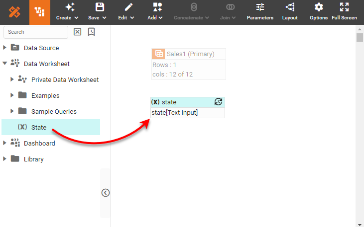 State variable dragged from left panel into the Data Worksheet