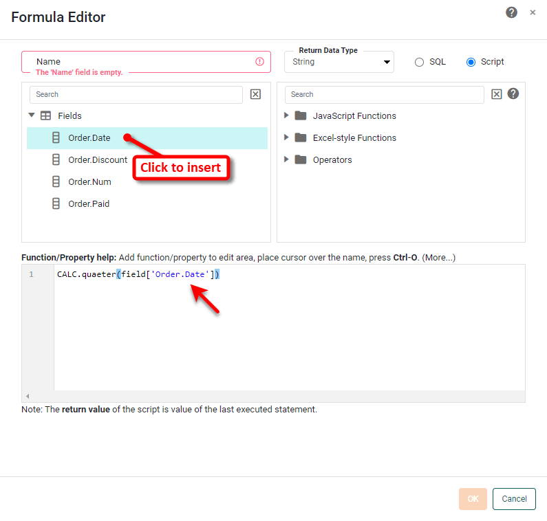 expression column formula entered in the formula editor script area