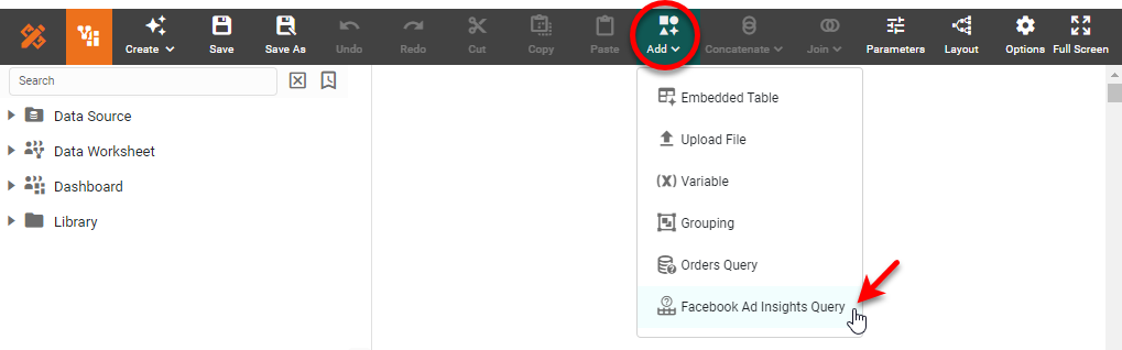 select Facebook Ad Insights Query button from the toolbar