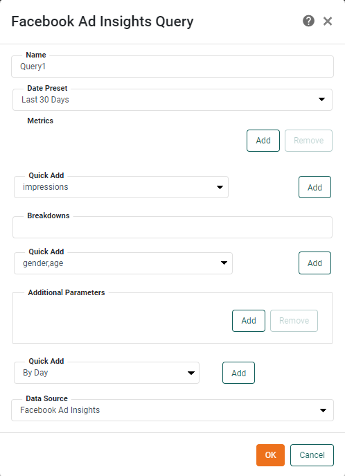 Facebook Ad Insights Query dialog box for configuring the data query
