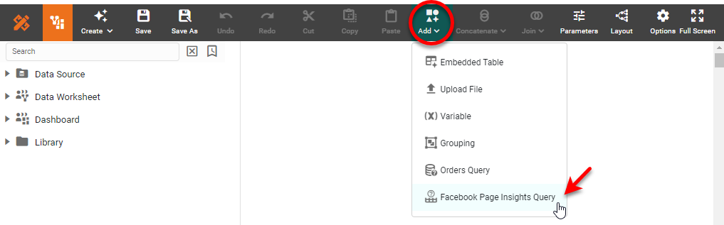 select Facebook Page Insights Query button from the toolbar