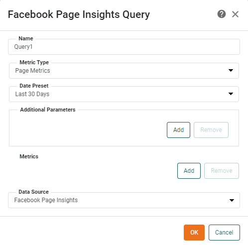 Facebook Page Insights Query dialog box for configuring the data query