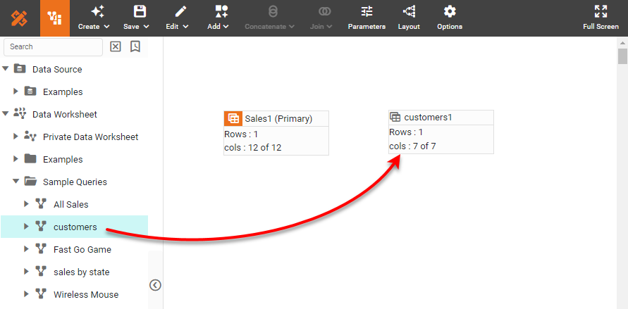 Sales1 and customers1 data blocks added to the Data Worksheet
