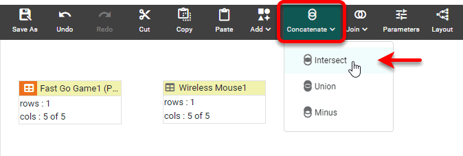 intersect concatenation applied to two selected data blocks