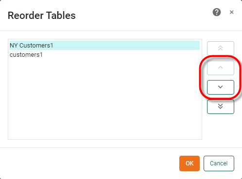 Reorder Tables dialog with arrow buttons to set table join order
