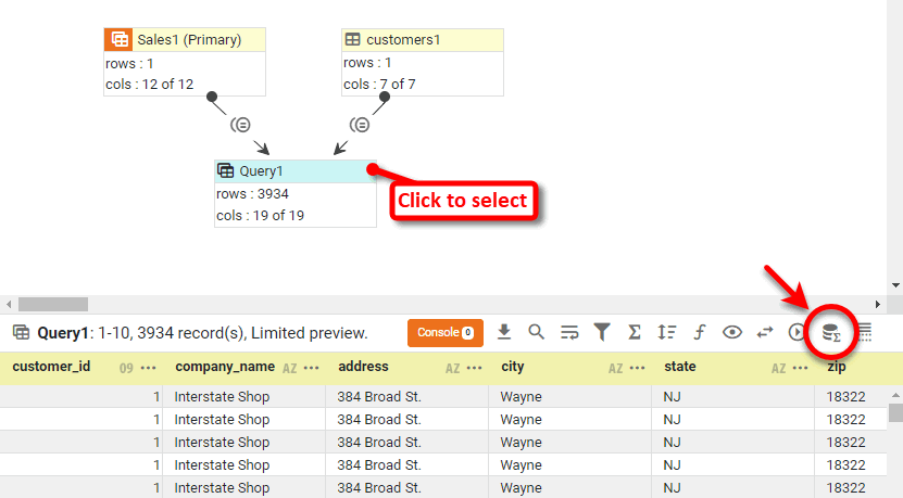 preview of Query1 joined data block showing combined sales and customer columns