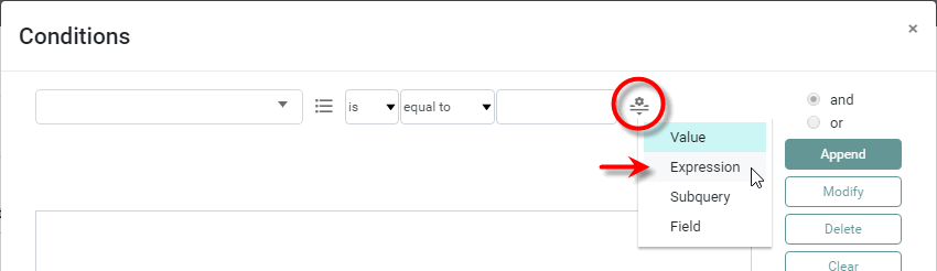 Expression option selected on right side of materialized view condition