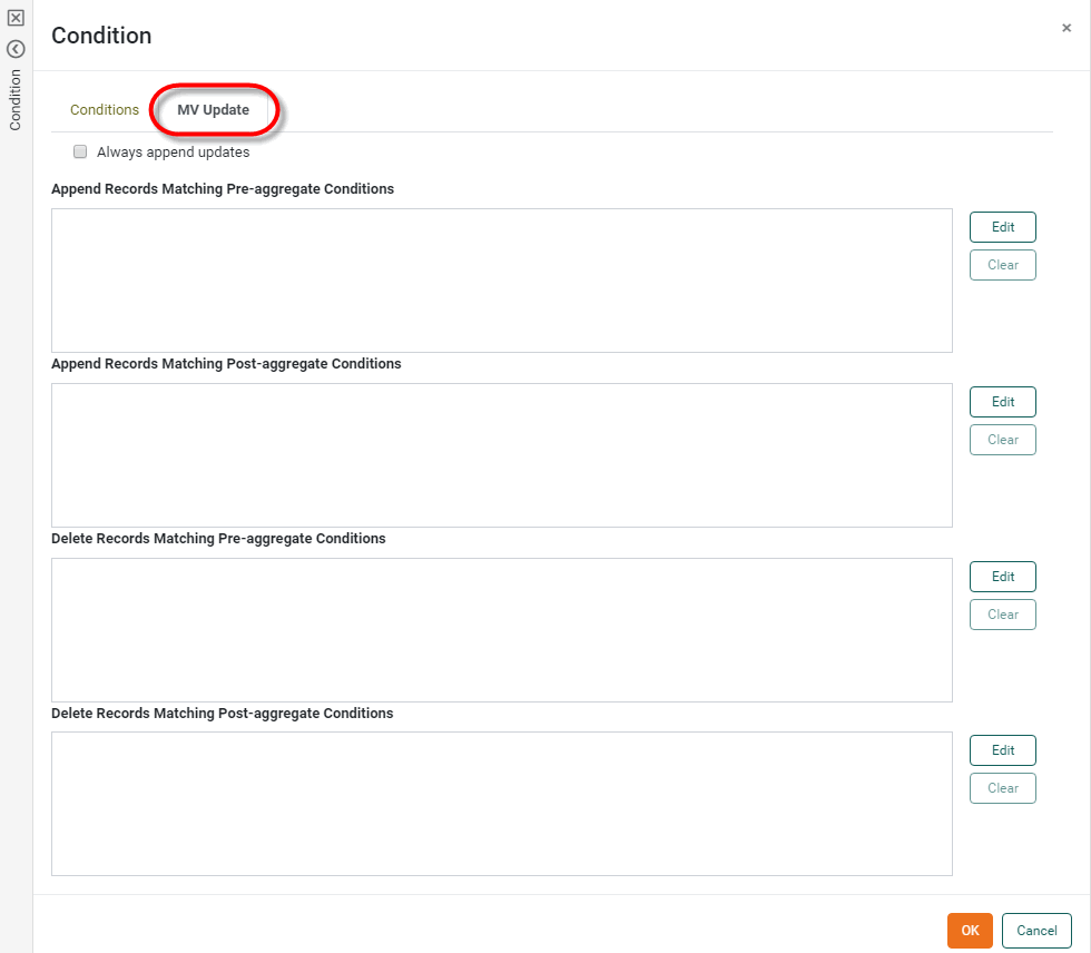 select MV Update tab in the Condition panel