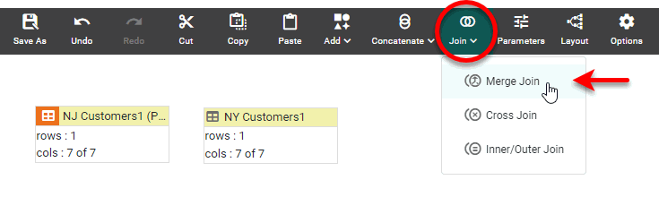 press Join button in toolbar and select Merge Join option