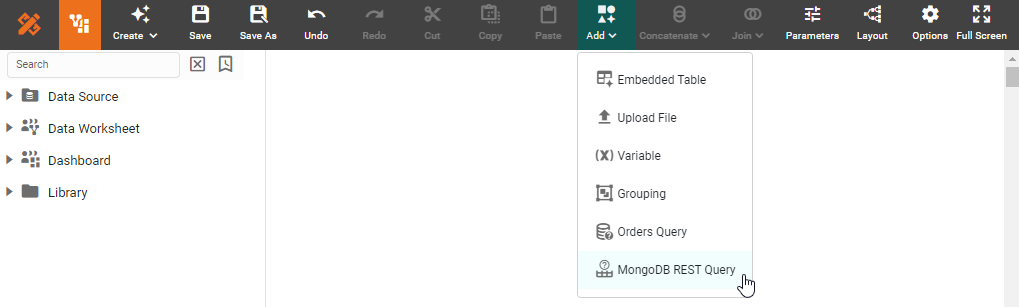 MongoDB REST Query dialog box for configuring the data query