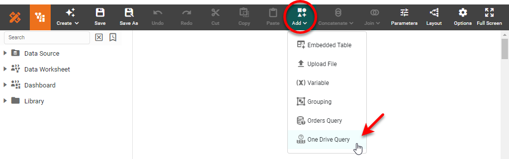One Drive Query dialog box for configuring the data query
