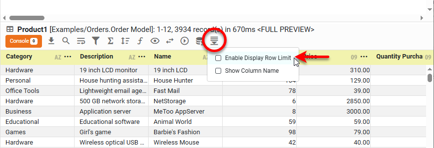 disable preview display limit to see full dataset