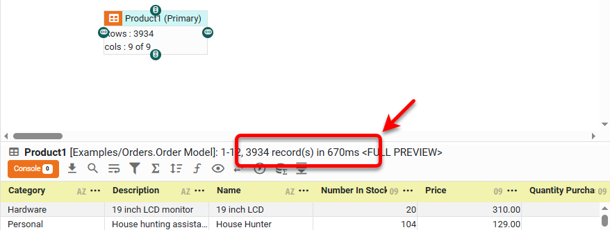 status bar displays execution time for data block