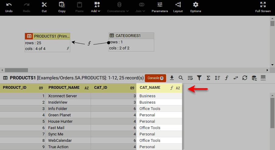 PRODUCTS1 data block preview showing category name expression column