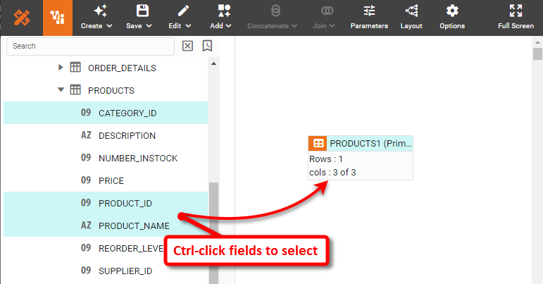 PRODUCTS data block with PRODUCT_ID, PRODUCT_NAME, CATEGORY_ID fields