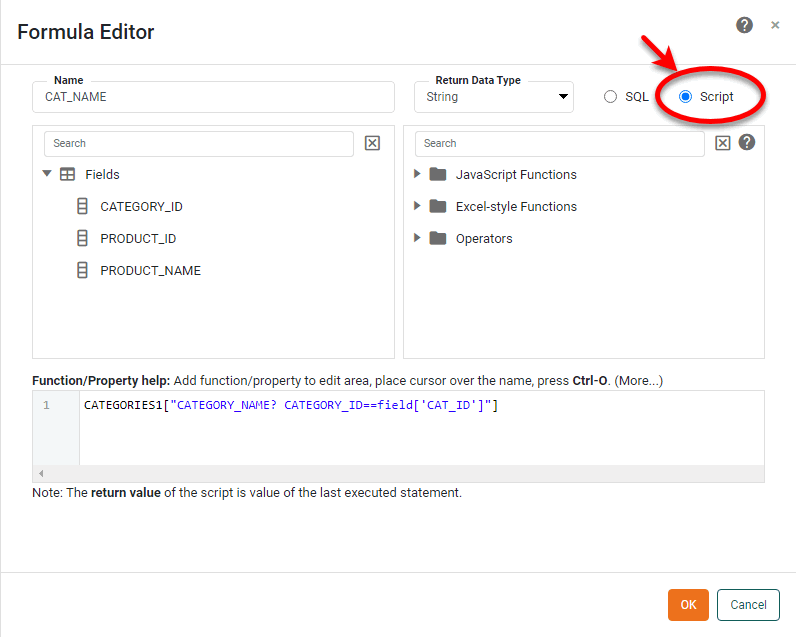 formula editor with script button selected and cell reference formula entered