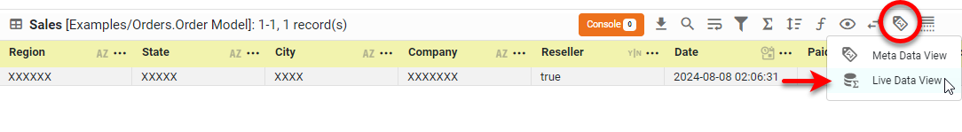 Sales data block in live data view showing sales by category