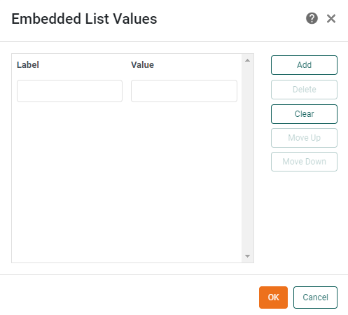 Embedded List Values dialog box to enter label and value pairs