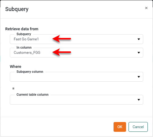 Subquery dialog with Fast Go Game1 selected and Customers FGG in column menu