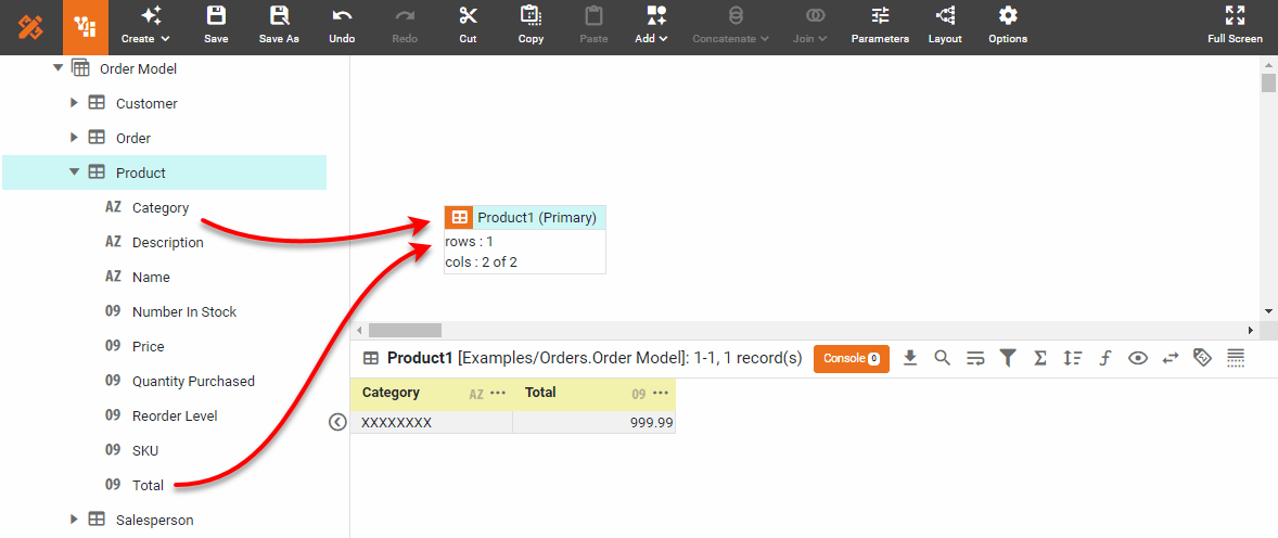 Category and Total columns dragged from Order Model to create data block