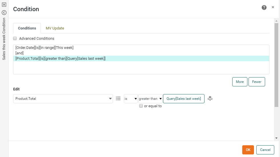 Condition panel showing row-dependent subquery condition configured
