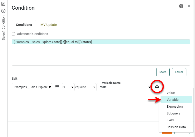 press Change Value Type button and select Variable in condition panel