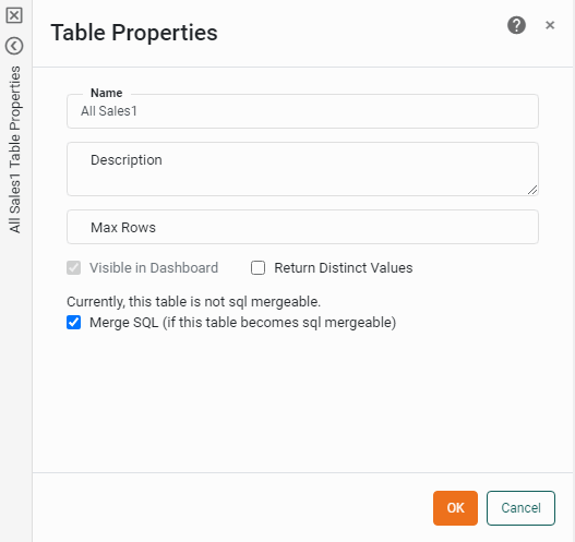 Table Properties panel with description max rows and other settings