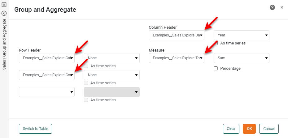 crosstab configured with Category Company row headers Date column header and Total measure