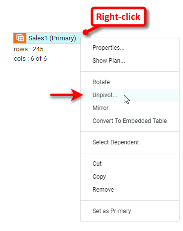 right-click data block and select Unpivot to open Unpivot Data dialog