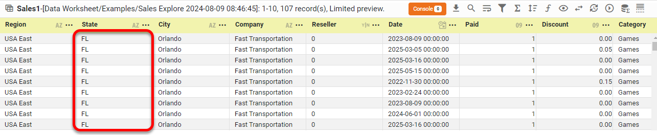 data block preview showing only sales records for Florida