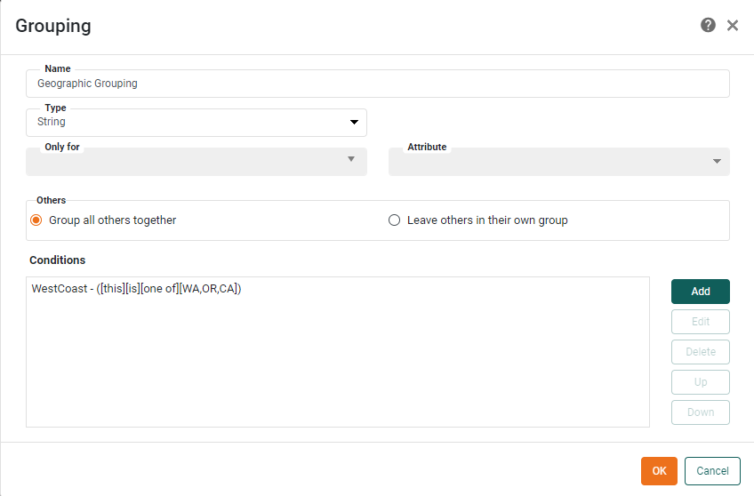 Grouping dialog showing WestCoast group added to the Geographic Grouping