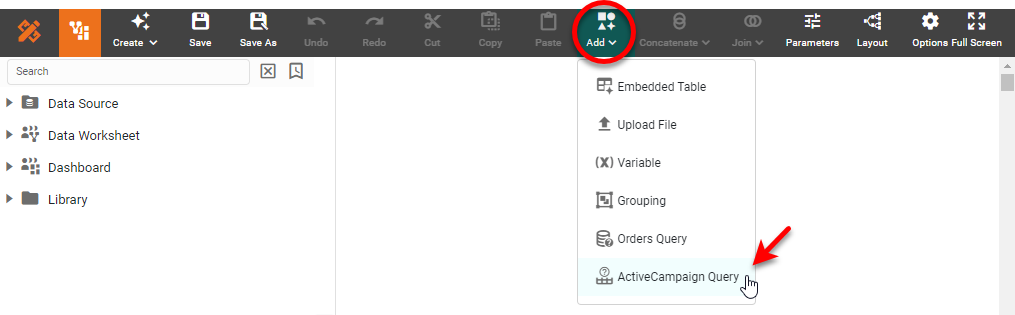 ActiveCampaign Query dialog box for configuring the data query