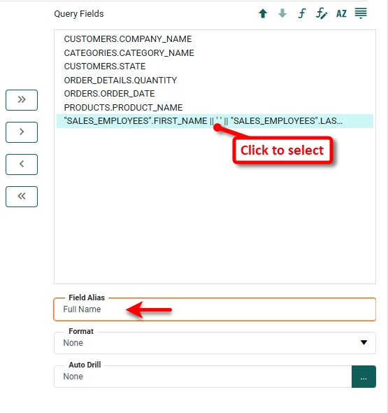 select expression column and type alias in the Field Alias box