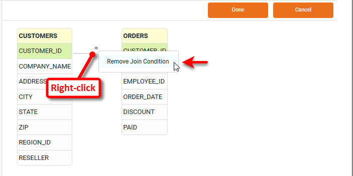 Join Editor opened showing automatically created join between the tables
