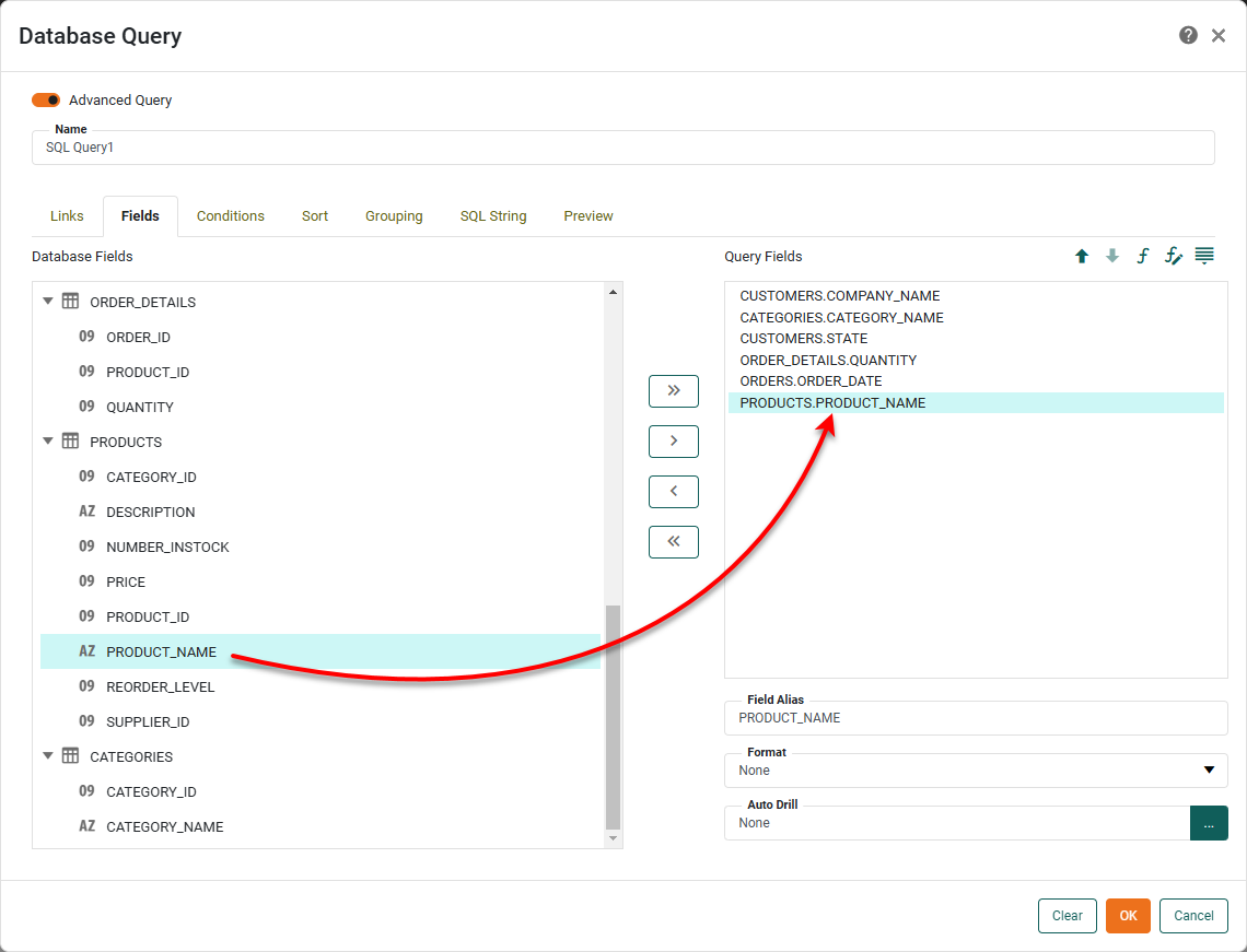 drag or double-click fields to move them to the Query Fields panel under Fields tab