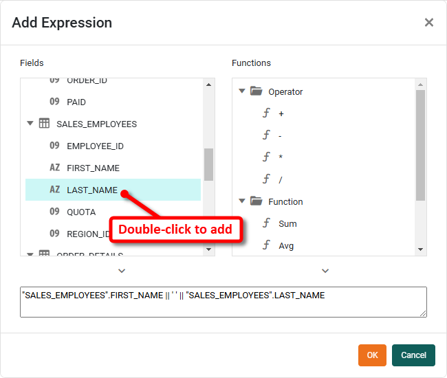 Add Expression dialog with SQL expression entered to define a derived column