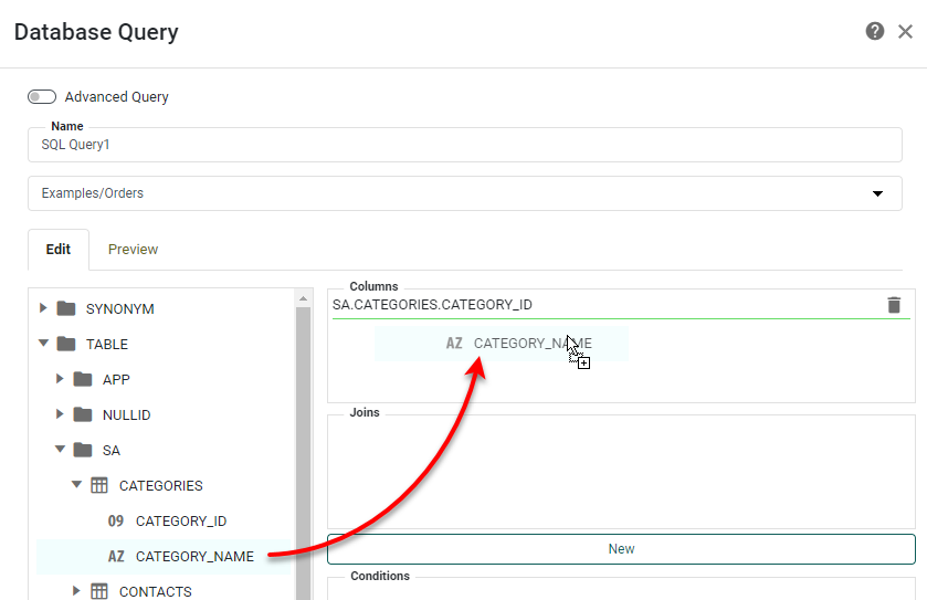 drag database fields from left panel into the Columns area