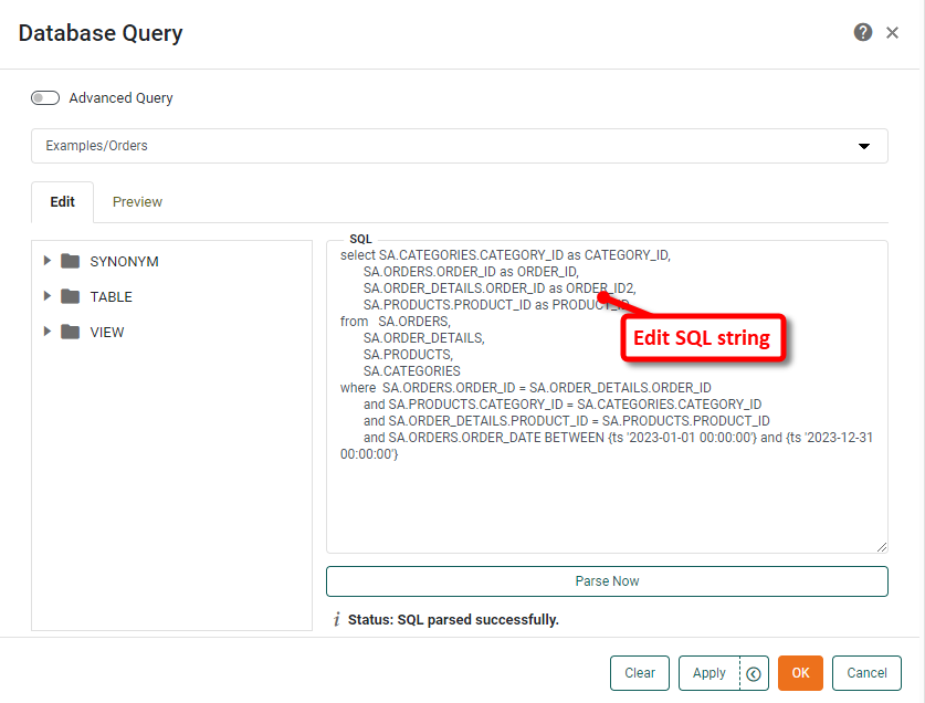 press Edit button next to SQL area to open the SQL string for manual editing