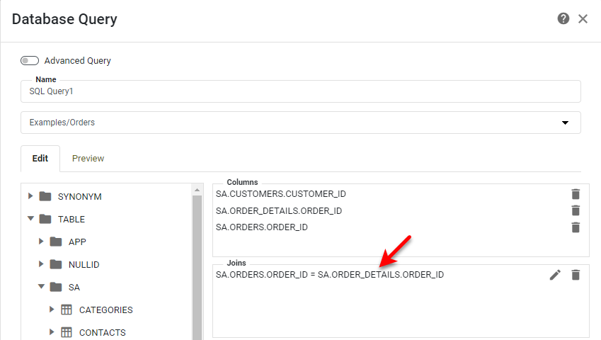 join displayed in the Joins area after pressing OK in Add Join dialog