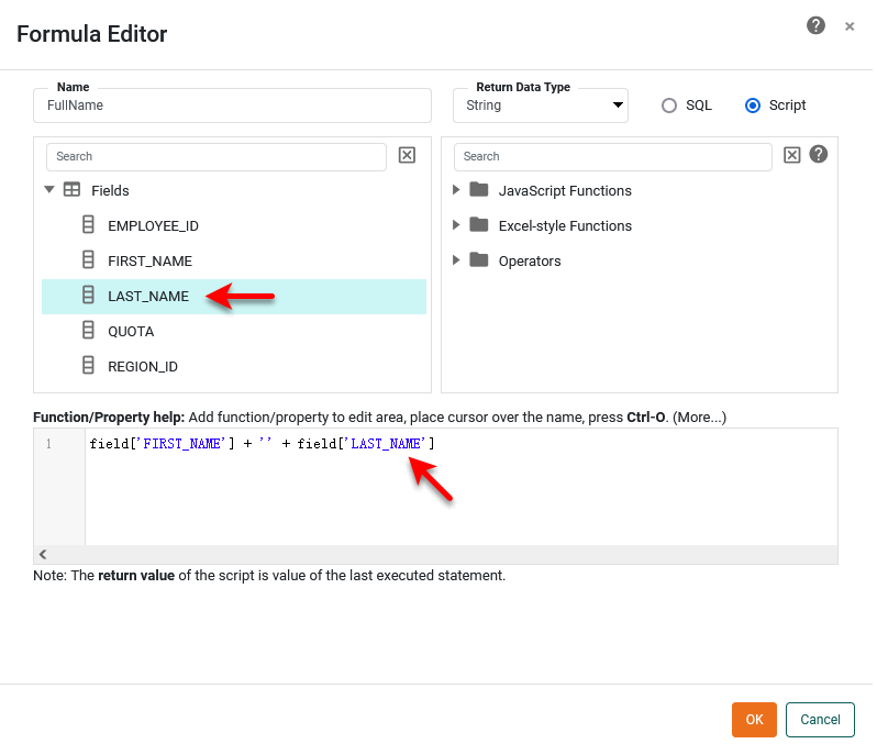 Formula Editor with expression entered in the script area
