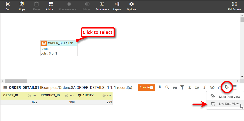 press Change View and select Live Data View to preview data block
