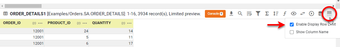 press Change Data Mode and uncheck Enable Display Row Limit to suspend preview limit